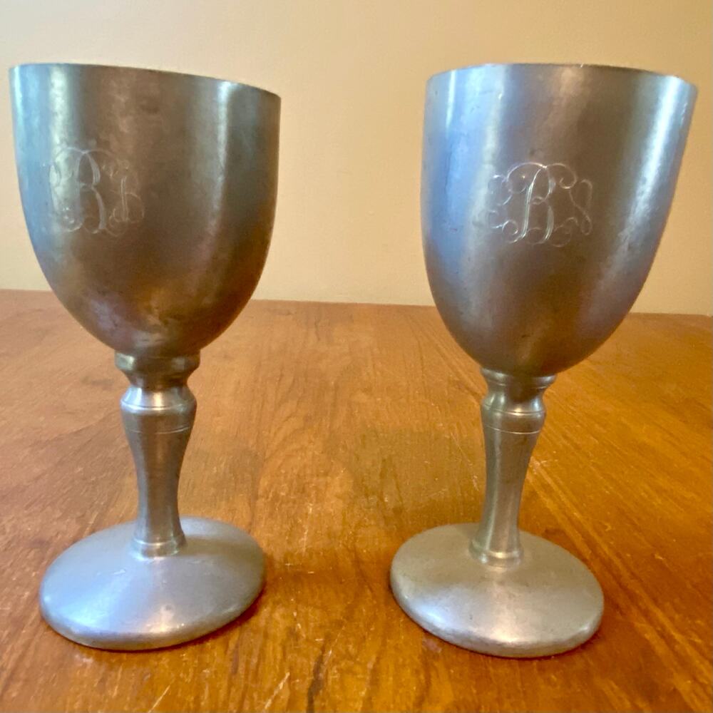 Vintage Eastern Pewter Goblet Chalice 6" Tall. initials engraved